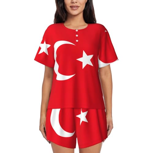 JEJEA Damen-Pyjama-Set, Motiv: Flagge der Türkei, kurzärmelig, kurzes Pyjama-Set, weiches Pyjama-Set, Schwarz , 36 von JEJEA