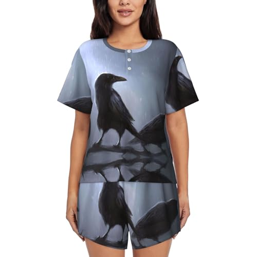 JEJEA Damen-Schlafanzug-Set, kurzärmelig, mit Raben-Aufdruck, Nachtwäsche, kurzes Pyjama-Set, weiches Pyjama-Set, Schwarz , L von JEJEA