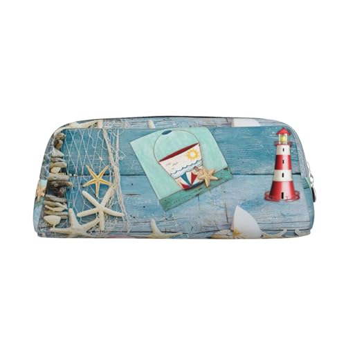 JEJEA Federmäppchen aus Leder, Motiv: Seestern, Leuchtturm, Strand, großes Fassungsvermögen, Schreibwaren, Stifttasche, vielseitige Make-up-Tasche, silber, Einheitsgröße, Kulturbeutel von JEJEA