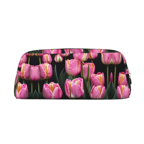 JEJEA Federmäppchen aus Leder, mit Tulpenmuster, großes Fassungsvermögen, vielseitig verwendbar, Rosa und Tulpenmuster, gold, Einheitsgröße, Kulturbeutel von JEJEA