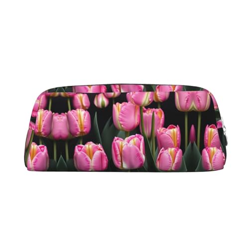 JEJEA Federmäppchen aus Leder, mit Tulpenmuster, großes Fassungsvermögen, vielseitig verwendbar, Rosa und Tulpenmuster, silber, Einheitsgröße, Kulturbeutel von JEJEA