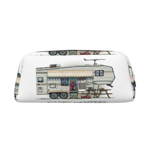 JEJEA Federmäppchen aus Leder mit Aufdruck "Happy Camper", großes Fassungsvermögen, Schreibwaren, Stifttasche, vielseitige Make-up-Tasche, silber, Einheitsgröße, Kulturbeutel von JEJEA