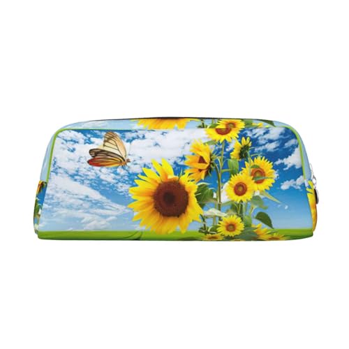 JEJEA Federmäppchen aus Leder mit Sonnenblumen-Schmetterlings-Aufdruck, großes Fassungsvermögen, Schreibwaren, Stifttasche, vielseitige Make-up-Tasche, silber, Einheitsgröße, Kulturbeutel von JEJEA