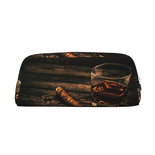JEJEA Federmäppchen aus Leder mit Zigarren- und Whiskey-Aufdruck, großes Fassungsvermögen, Schreibwaren, Stifttasche, vielseitige Make-up-Tasche, silber, Einheitsgröße, Kulturbeutel von JEJEA