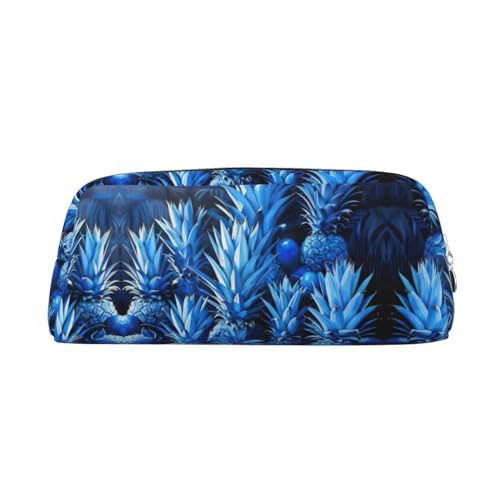 JEJEA Federmäppchen aus Leder mit blauem Ananas-Druck, großes Fassungsvermögen, Schreibwaren, Stifttasche, vielseitige Make-up-Tasche, silber, Einheitsgröße, Kulturbeutel von JEJEA