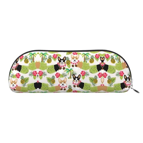 JEJEA Federmäppchen aus Leder mit tropischen Blumen und Corgi-Druck, mit Reißverschluss, Federmäppchen, Federmäppchen, Make-up-Kosmetiktasche, silber, Einheitsgröße, Kulturbeutel von JEJEA