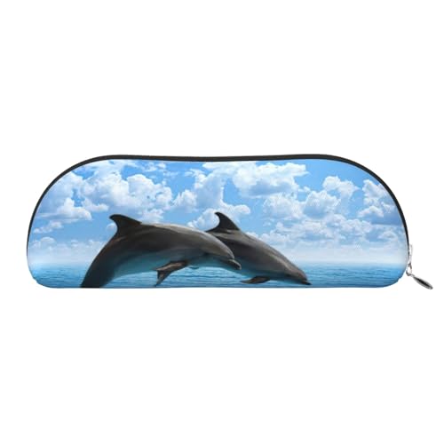 JEJEA Federmäppchen aus Leder mit zwei Delfinen, mit Reißverschluss, Federmäppchen, Federmäppchen, Make-up-Kosmetiktasche, silber, Einheitsgröße, Kulturbeutel von JEJEA