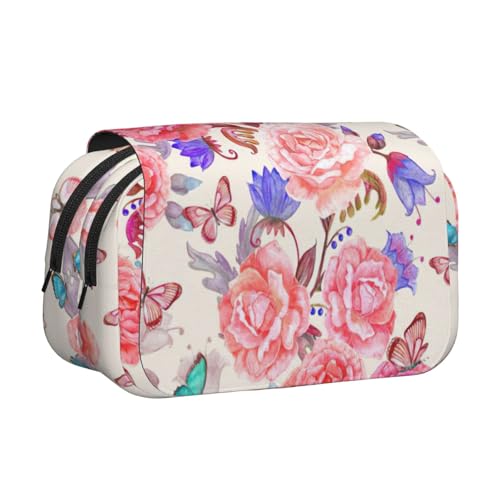 JEJEA Federmäppchen mit Blumen-Rosen- und Schmetterlings-Aufdruck, für Bleistifte, Make-up, Mehrzweck-Organizer-Box für Erwachsene, Schwarz , Einheitsgröße, Kulturbeutel von JEJEA