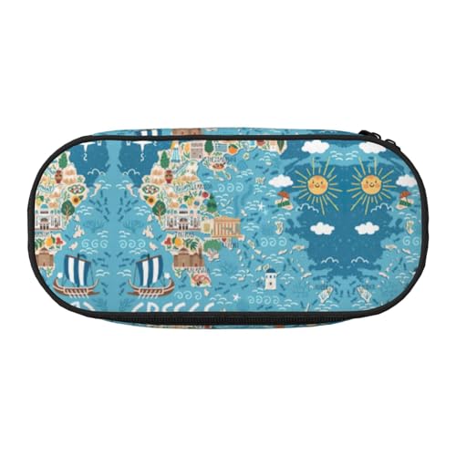 JEJEA Federmäppchen mit Griechenland-Kartendruck, großes Fassungsvermögen, große Aufbewahrung, hohe Kapazität, Beutelhalter, Organizer, Schwarz , Einheitsgröße, Taschen-Organizer von JEJEA