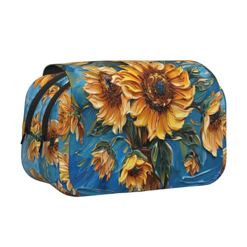 JEJEA Federmäppchen mit Ölgemälde, Sonnenblumen-Druck, Federmäppchen, Halter für Bleistifte, Make-up, Mehrzweck-Organizer-Box für Erwachsene, Schwarz , Einheitsgröße, Kulturbeutel von JEJEA