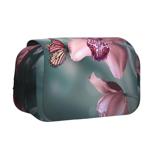 JEJEA Federmäppchen mit Orchideen-Blumen- und Schmetterlings-Motiv, weich, frisch, Feder-Druck, Stifteetui, Halter für Bleistifte, Make-up, Mehrzweck-Organizer-Box für Erwachsene, Schwarz von JEJEA