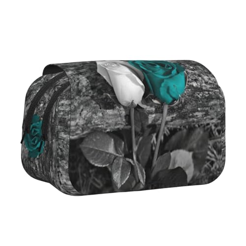 JEJEA Federmäppchen mit Rosen-Aufdruck, für Bleistifte, Make-up, Mehrzweck-Organizer-Box für Erwachsene, Blaugrün, Schwarz , Einheitsgröße, Kulturbeutel von JEJEA
