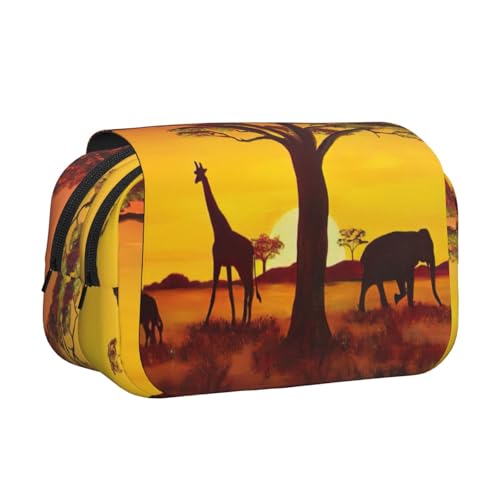 JEJEA Federmäppchen mit afrikanischem Tiermotiv und Sonnenuntergang-Druck, Federmäppchen, Halter für Bleistifte, Make-up, Mehrzweck-Organizer-Box für Erwachsene, Schwarz , Einheitsgröße, Kulturbeutel von JEJEA