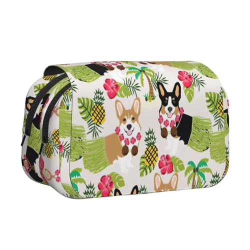 JEJEA Federmäppchen mit tropischen Blumen und Corgi-Druck, Stifteetui, Halter für Bleistifte, Make-up, Mehrzweck-Organizer-Box für Erwachsene, Schwarz , Einheitsgröße, Kulturbeutel von JEJEA