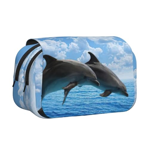 JEJEA Federmäppchen mit zwei Delfinen, für Bleistifte, Make-up, Mehrzweck-Organizer-Box für Erwachsene, Schwarz , Einheitsgröße, Kulturbeutel von JEJEA