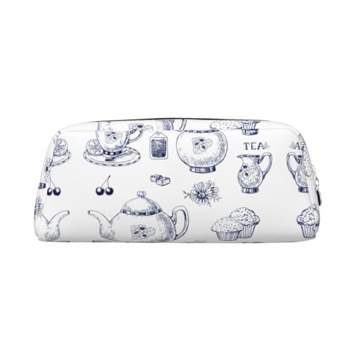 JEJEA Handgezeichnete Teekannen und Tassen bedrucktes Leder-Federmäppchen, großes Fassungsvermögen, Schreibwaren-Stift-Tasche, vielseitige Make-up-Tasche, silber, Einheitsgröße, Kulturbeutel von JEJEA