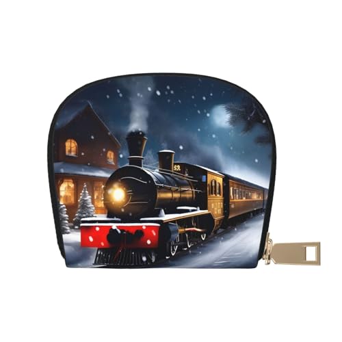 JEJEA Kreditkartenetui mit Reißverschluss, Motiv: Winter, Weihnachten, Schnee, Nacht, Eisenbahn, Zug, kleiner Kartenhalter aus Leder, weiß, Einheitsgröße von JEJEA
