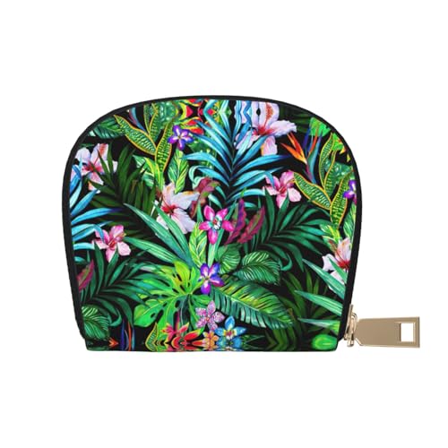 JEJEA Kreditkartenetui mit buntem tropischem Blattmuster, kleiner Kartenhalter mit Reißverschluss, Leder-Kartenhalter, weiß, Einheitsgröße von JEJEA