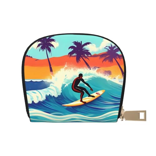 JEJEA Kreditkartenetui mit hawaiianischem Surfer auf gewelltem Druck, kleines Kartenetui mit Reißverschluss, Kartenetui aus Leder, weiß, Einheitsgröße von JEJEA