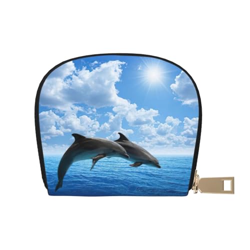 JEJEA Kreditkartenetui mit zwei Delfinen, kleiner Kartenhalter mit Reißverschluss, Leder-Kartenhalter, weiß, Einheitsgröße von JEJEA