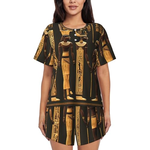 JEJEA Kurzärmeliges Pyjama-Set, Motiv: antiker ägyptischer Hieroglyphen-Druck, kurze Pyjama-Sets, weiche Pyjama-Sets, Schwarz , 38 von JEJEA