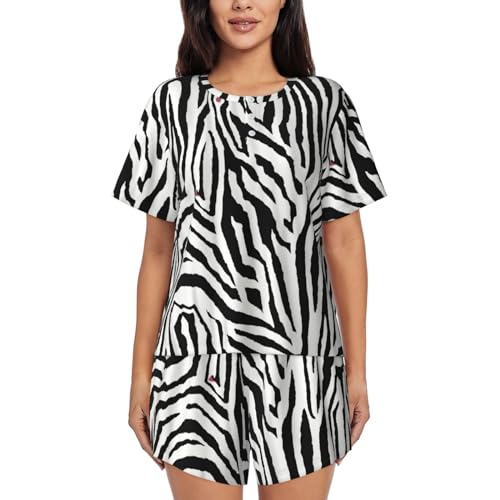 JEJEA Kurzärmeliges Pyjama-Set für Damen, Zebramuster, Nachtwäsche, kurzes Pyjama-Set, weich, Lounge-Sets, Schwarz , 48 von JEJEA