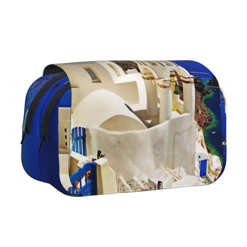 JEJEA Santorini Federmäppchen mit griechischer Insel und Meerblick, Federmäppchen, Halter für Bleistifte, Make-up, Mehrzweck-Organizer-Box für Erwachsene, Schwarz , Einheitsgröße, Kulturbeutel von JEJEA