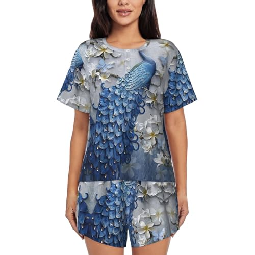 JEJEA Schöner Schlafanzug für Damen, kurzärmelig, mit Pfauenmuster, Nachtwäsche, kurzes Pyjama-Set, weiche Pyjama-Sets, Schwarz , 42 von JEJEA