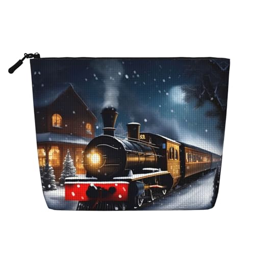Make-up-Tasche für den Winter, Weihnachten, Schnee, Nacht, Eisenbahn, Zug, Druck, Reise-Kulturbeutel, Reise-Make-up-Tasche, tragbarer Make-up-Organizer für Damen, Schwarz , Einheitsgröße von JEJEA