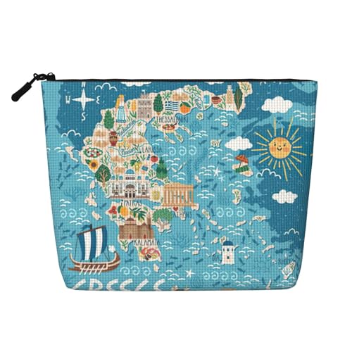 Make-up-Tasche mit Griechenland-Karten-Druck, Reise-Kulturbeutel, Reise-Make-up-Tasche, tragbarer Make-up-Organizer für Damen, Schwarz , Einheitsgröße von JEJEA