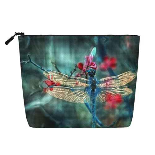 Make-up-Tasche mit Libelle auf dem Blumendruck, Reise-Kulturbeutel, Reise-Make-up-Tasche, tragbarer Make-up-Organizer für Damen, Schwarz , Einheitsgröße von JEJEA