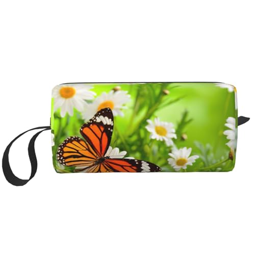 Make-up-Tasche mit Schmetterling auf Gänseblümchen-Druck, langlebige Kosmetiktasche, Make-up, Reisetasche, wichtige Geschenke für Damen und Herren, weiß, Einheitsgröße Make-up-Tasche mit Schmetterling auf Gänseblümchen-Druck, langlebige Kosmetiktasche, Make-up, Reisetasche, wichtige Geschenke für Damen und Herren, weiß, Einheitsgröße von JEJEA