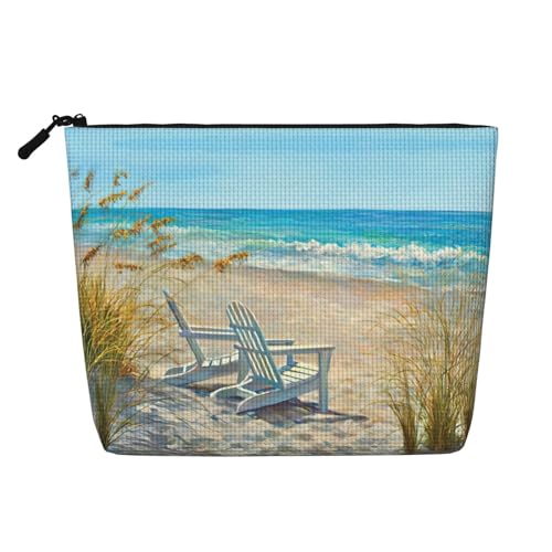 Make-up-Tasche mit Strandszene mit Stühlen, Reise-Kulturbeutel, Reise-Make-up-Tasche, tragbarer Make-up-Organizer für Damen, Schwarz , Einheitsgröße von JEJEA