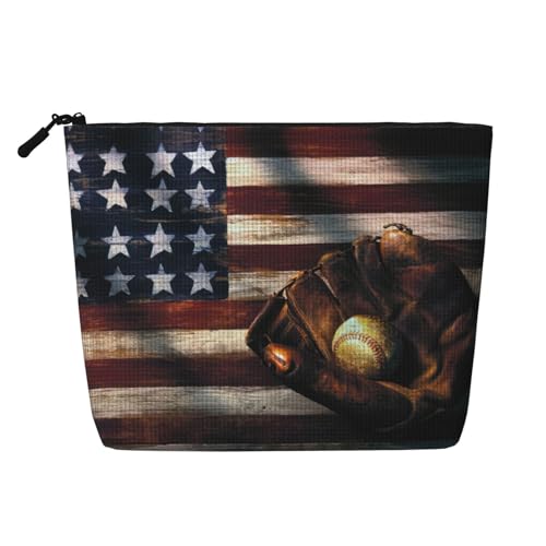 Make-up-Tasche mit amerikanischer Flagge, Baseball-Druck, Reise-Kulturbeutel, Reise-Make-up-Tasche, tragbarer Make-up-Organizer für Damen, Schwarz , Einheitsgröße von JEJEA