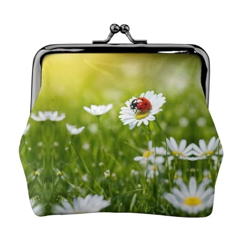 Marienkäfer-Münzgeldbörse mit Gänseblümchen-Aufdruck, tragbare Geldbörse aus Faserleder, Mini-Geldbörse für Damen, Schwarz , Einheitsgröße, Münztasche von JEJEA