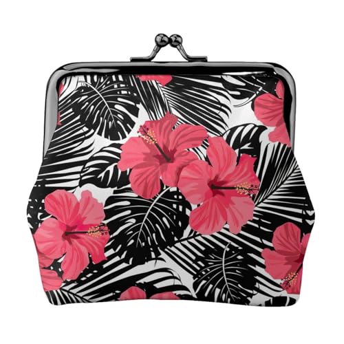 Münzgeldbörse mit rotem Hibiskusdruck, tragbare Geldbörse aus Faserleder, Mini-Geldbörse für Damen, Schwarz , Einheitsgröße, Münztasche von JEJEA