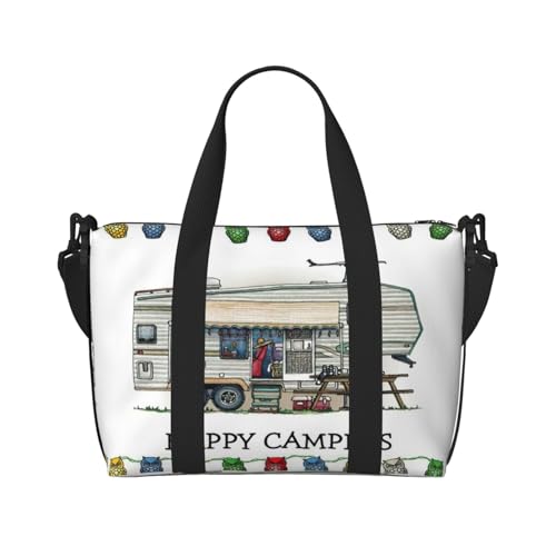 Reisetasche mit Aufdruck "Happy Camper", Wochenendtasche für Damen, leichte Handgepäcktasche, persönliche Gegenstände, Schwarz , Einheitsgröße von JEJEA