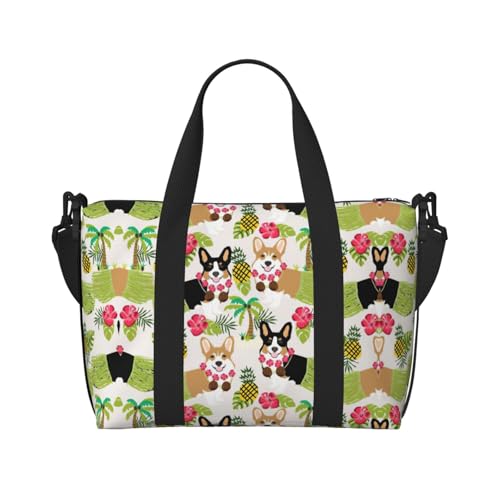 Reisetasche mit tropischen Blumen und Corgi-Druck, Wochenendtasche für Damen, leichte Handgepäcktasche, persönliche Gegenstände, Schwarz , Einheitsgröße von JEJEA