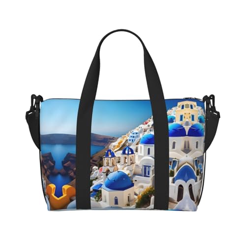 Santorini Reisetasche für Damen, Motiv: griechische Insel mit Meerblick, leichte Handgepäcktasche, persönliche Gegenstände, Schwarz , Einheitsgröße von JEJEA