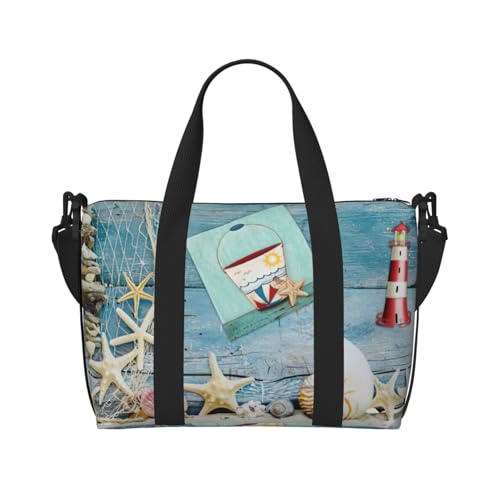Seestern Leuchtturm Stranddruck Reisetasche Weekender für Damen, leichte Handgepäcktasche, persönliche Gegenstände, Schwarz , Einheitsgröße von JEJEA
