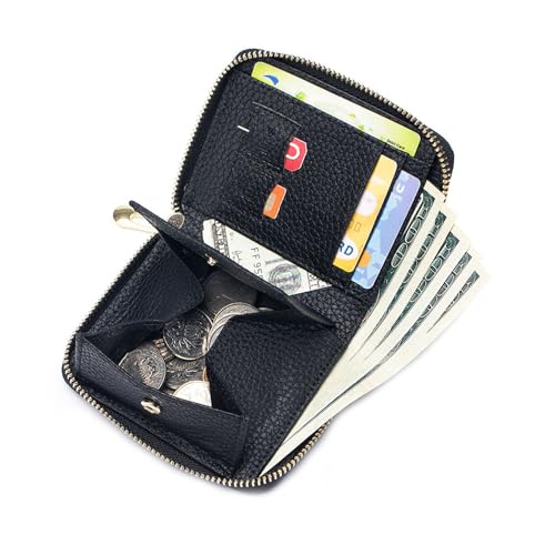 JEKAVA Kleine Geldbörse Damen Mini Portemonnaie Geldbeutel aus Leder Münzfach mit Geprüfter RFID Schutz (Schwarz) von JEKAVA