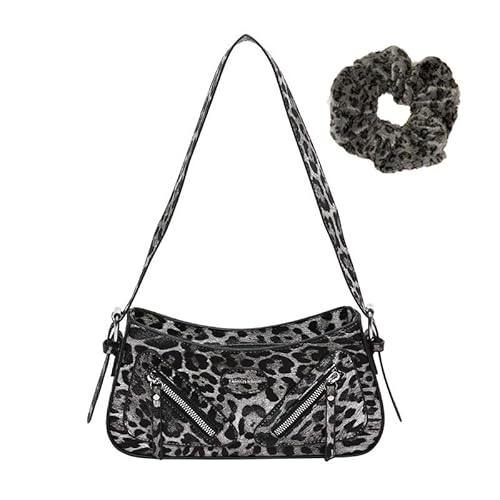 JEKAVA Leopardenmuster Umhängetasche Damen Kleine Handtasche Leder Y2K Hobo Tasche Unterarmtasche mit Reißverschluss Tote Bag Schultertasche Mode Tasche für Frauen (Schwarz) von JEKAVA