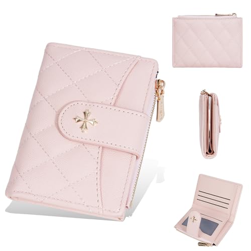 JEKAVA Mini Geldbörse Damen Geldbeutel Leder Klein Viele Fächer Mit 6 Kartenfäche und Münztasche Reißverschluss Portemonnaie Kleine (Rosa) von JEKAVA