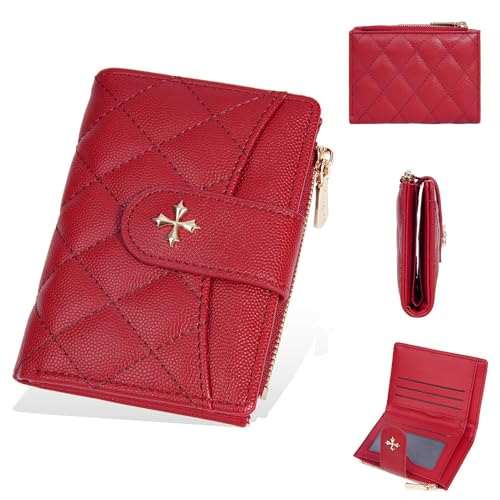JEKAVA Mini Geldbörse Damen Geldbeutel Leder Klein Viele Fächer Mit 6 Kartenfäche und Münztasche Reißverschluss Portemonnaie Kleine (Rot) von JEKAVA