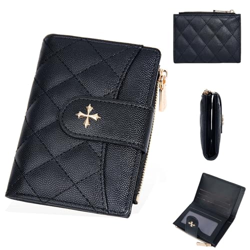 JEKAVA Mini Geldbörse Damen Geldbeutel Leder Klein Viele Fächer Mit 6 Kartenfäche und Münztasche Reißverschluss Portemonnaie Kleine (Schwarz) von JEKAVA