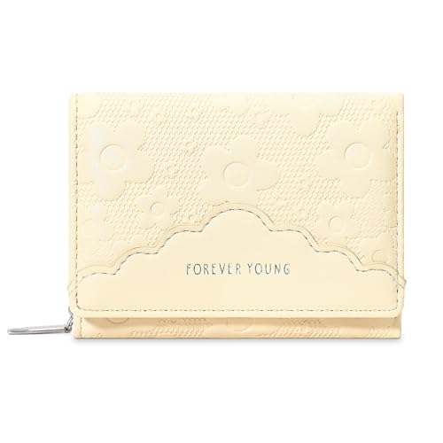 JEKAVA Mini Geldbörse Damen Leder Portemonnaie Damen Klein Kapazität Geldbeutel Blümchen Gross Portemonnaie Kleine Brieftasche Viele Fächer (Beige) von JEKAVA