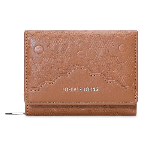 JEKAVA Mini Geldbörse Damen Leder Portemonnaie Damen Klein Kapazität Geldbeutel Blümchen Gross Portemonnaie Kleine Brieftasche Viele Fächer (Braun) von JEKAVA