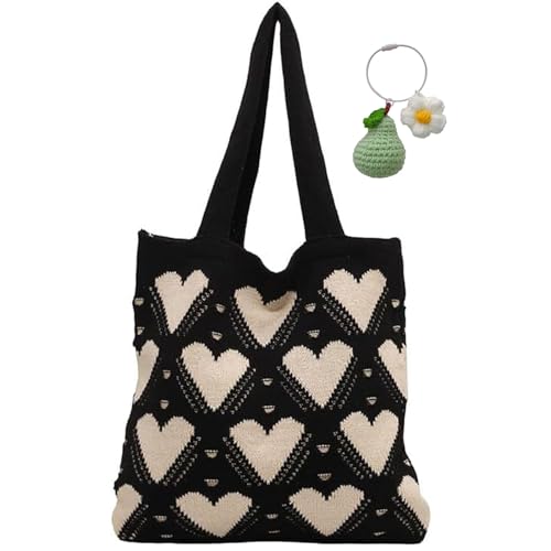 JEKAVA Strandtasche Umhängetasche Gehäkelte Tasche Handtasche Damen Hohes Volumen Tote Bag Groß Shopper Tasche Damen-Strick-Love-Häkeltasche Schultertasche für Einkaufen Urlaub Reise (Schwarz) von JEKAVA