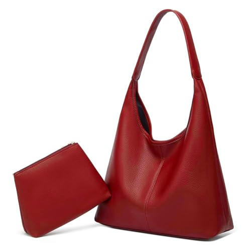 JEKAVA Umhängetasche Damen Gross Handtasche Universitätsstudent Schultertasche Leder Crossbody Bag Damen Breiter Gurt Handtasche zum Umhängen Set 2-Teiliges Set (Rot) von JEKAVA