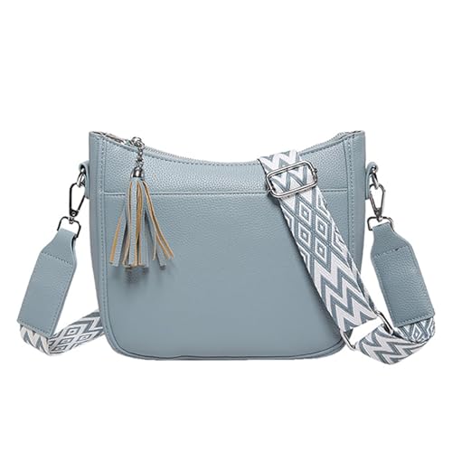 JEKAVA Umhängetasche Damen Mittelgroß Handtasche PU Leder Crossover Bag mit Fransen Crossbody Bags Mitverstellbarem Farbigem Riemen Schultertasche für Frauen (Blau) von JEKAVA